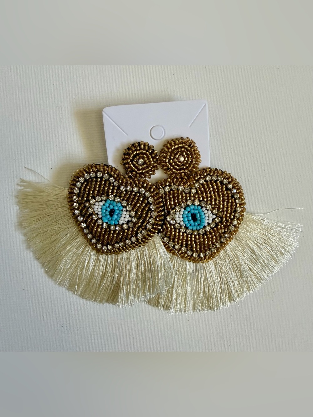 NEW Beaded Heart Evil Eye Fringe Earrings - Gold and Turquoise💕